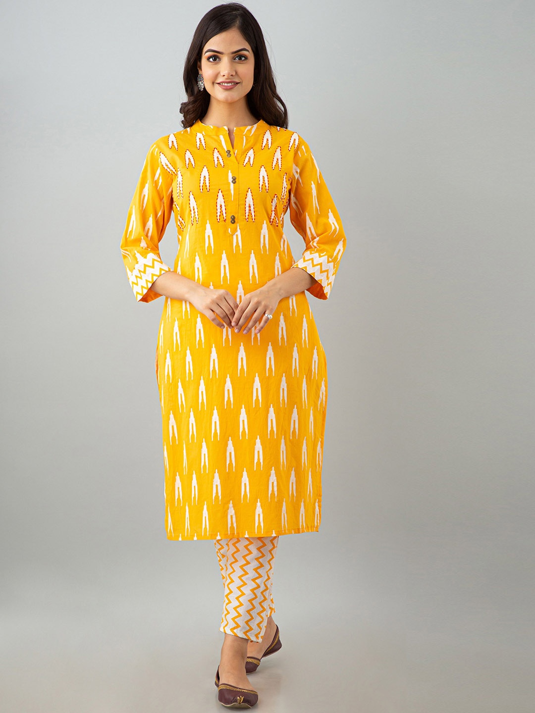 OMASK Women Yellow & White Ikat Printed Pleated Pure Cotton Kurta with Trousers