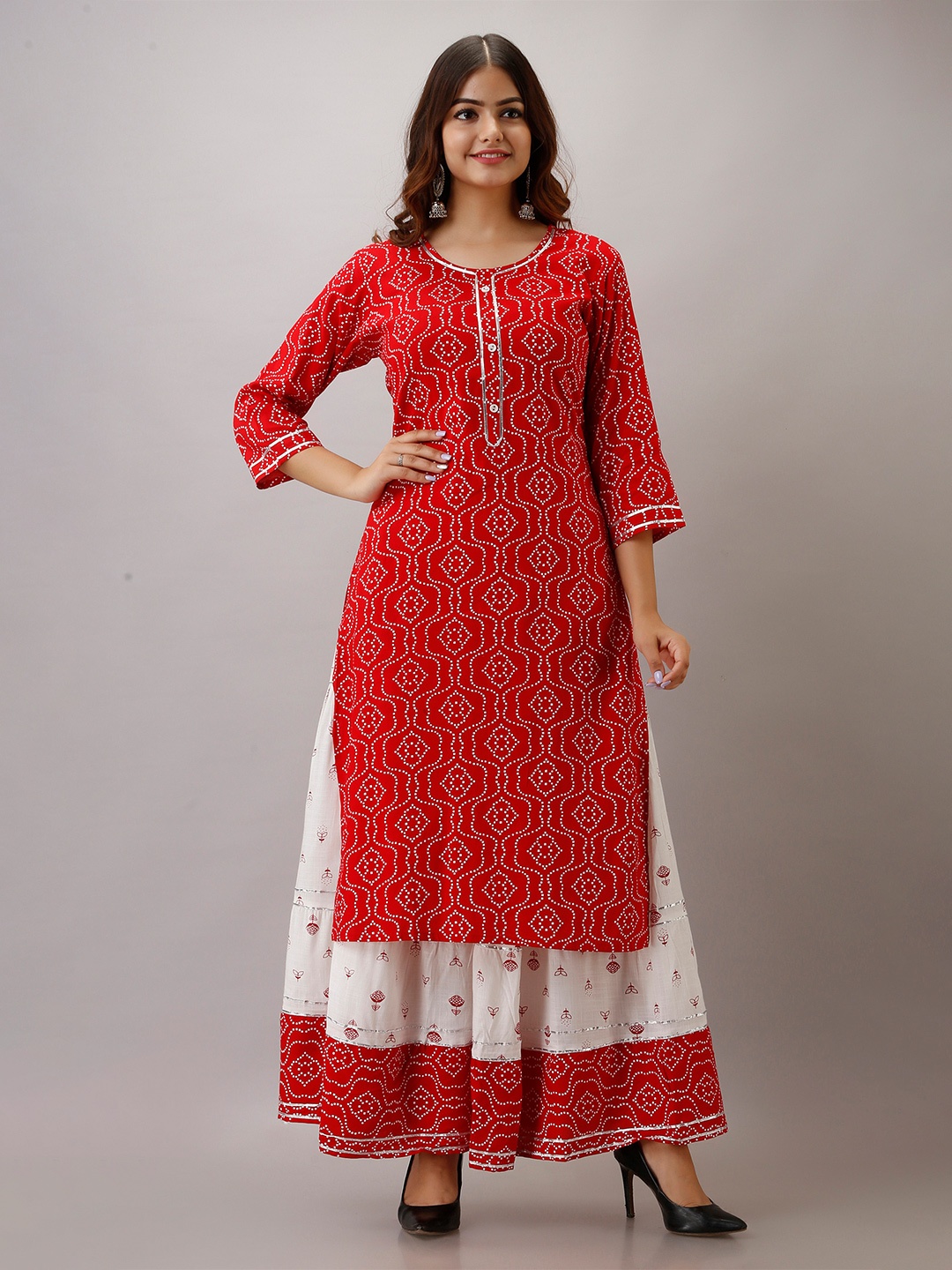 OMASK Women Red Printed Gotta Patti Kurta with Skirt