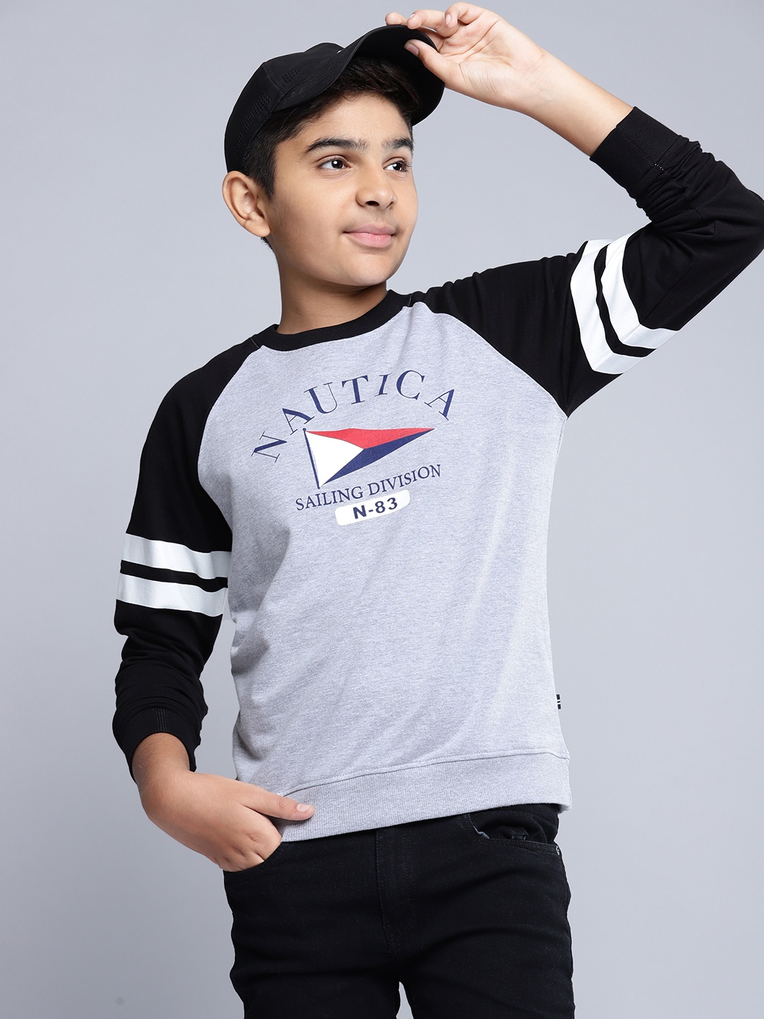 Nautica Boys Grey Melange & Black Brand Logo Printed Sweatshirt