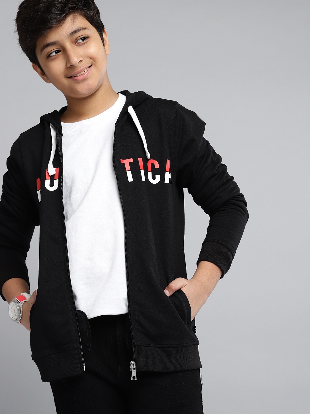 Nautica Boys Black Brand Logo Print Hooded Sweatshirt
