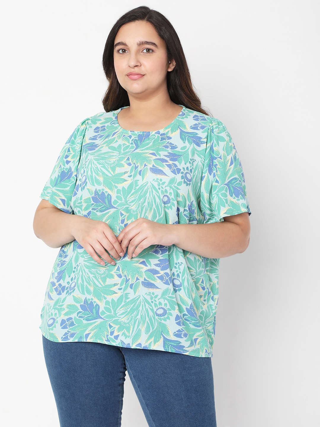 VERO MODA CURVE Plus Size Women Green & Blue Floral Printed Top