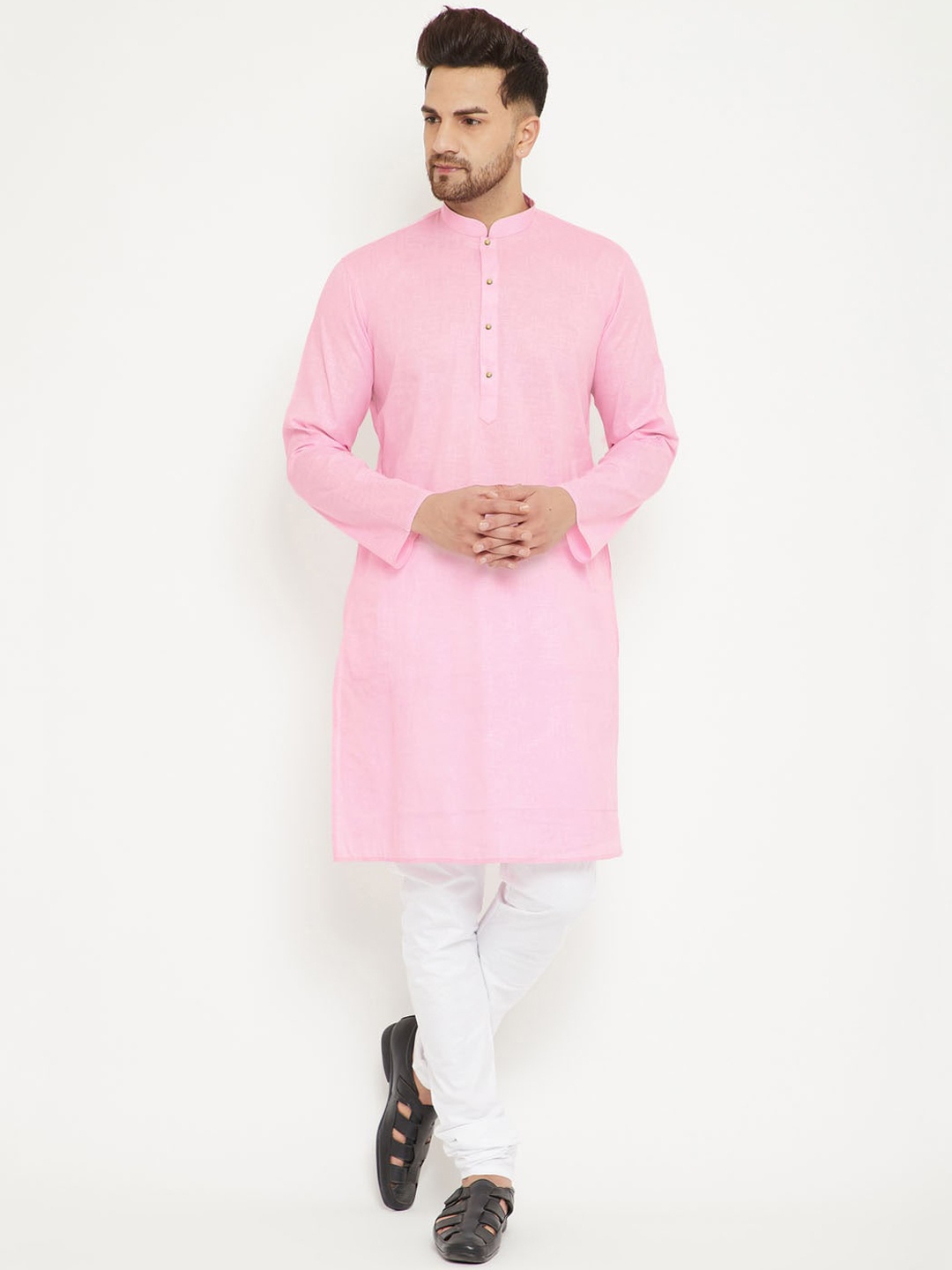 VASTRAMAY Men Pink & White Cotton Blend Kurta Pyjama Set
