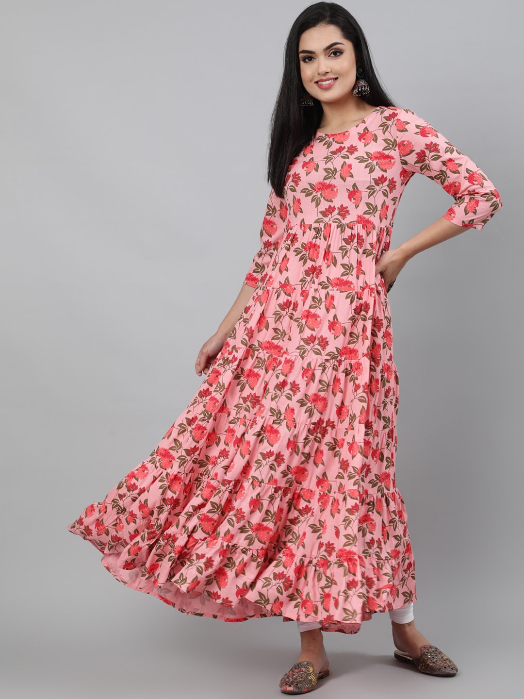 KIMAYRA Women Pink & Green Floral Printed Anarkali Kurta