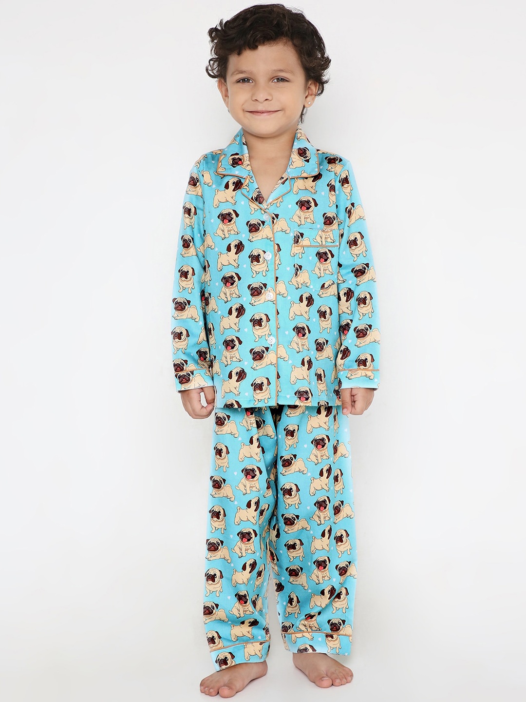 Kidipoo Kids Blue & Brown Printed Cotton Night Suit