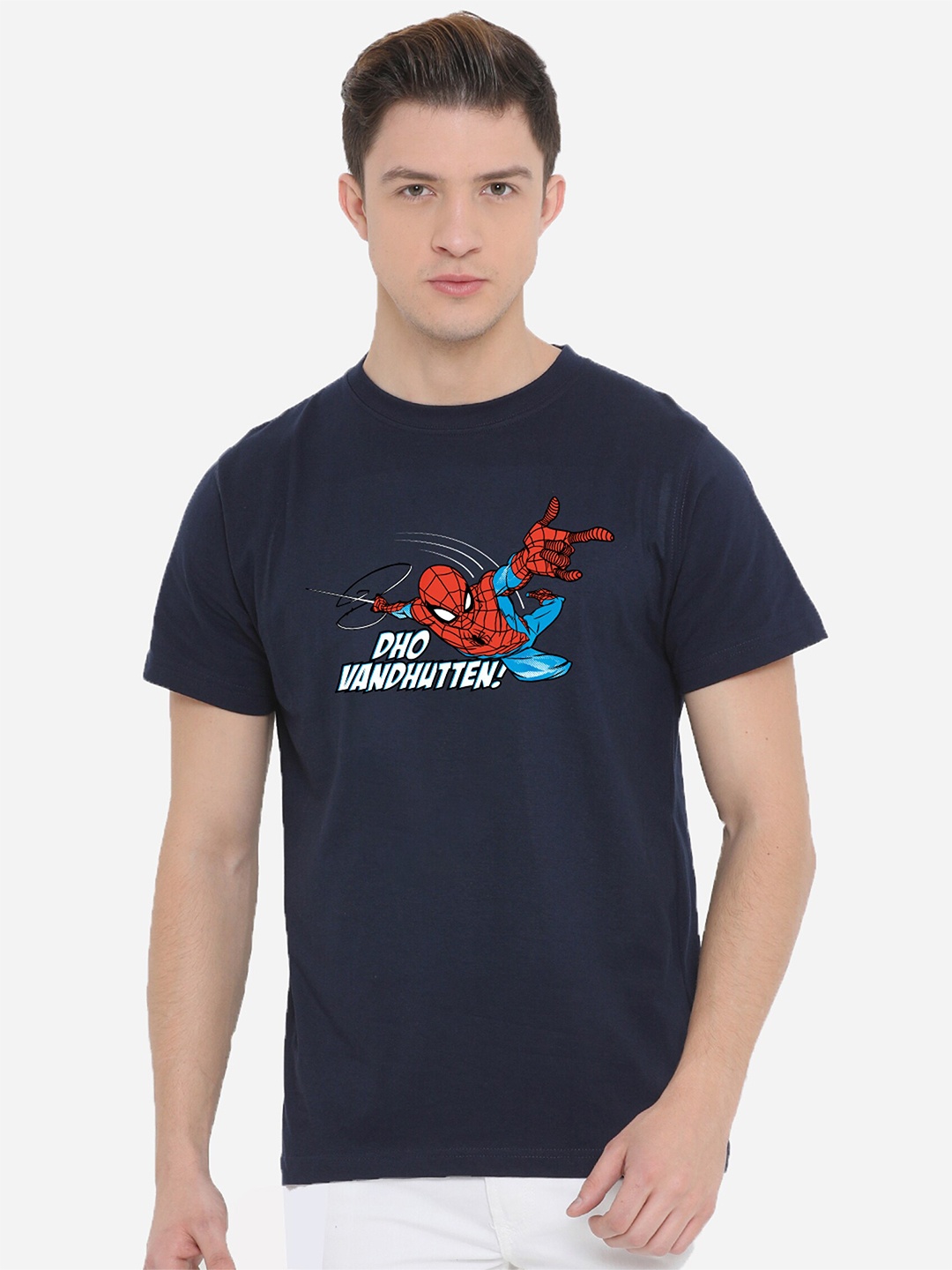 Fully Filmy Men Navy Blue Spider-Man Dho Vandhutten Printed T-shirt