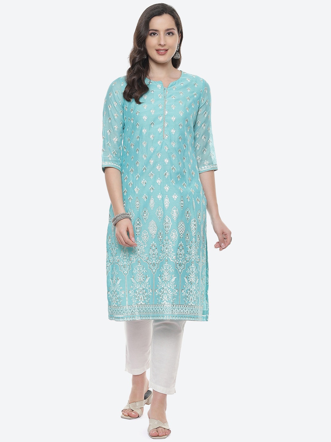 Biba Women Turquoise Blue & White Ethnic Motifs Printed Kurta