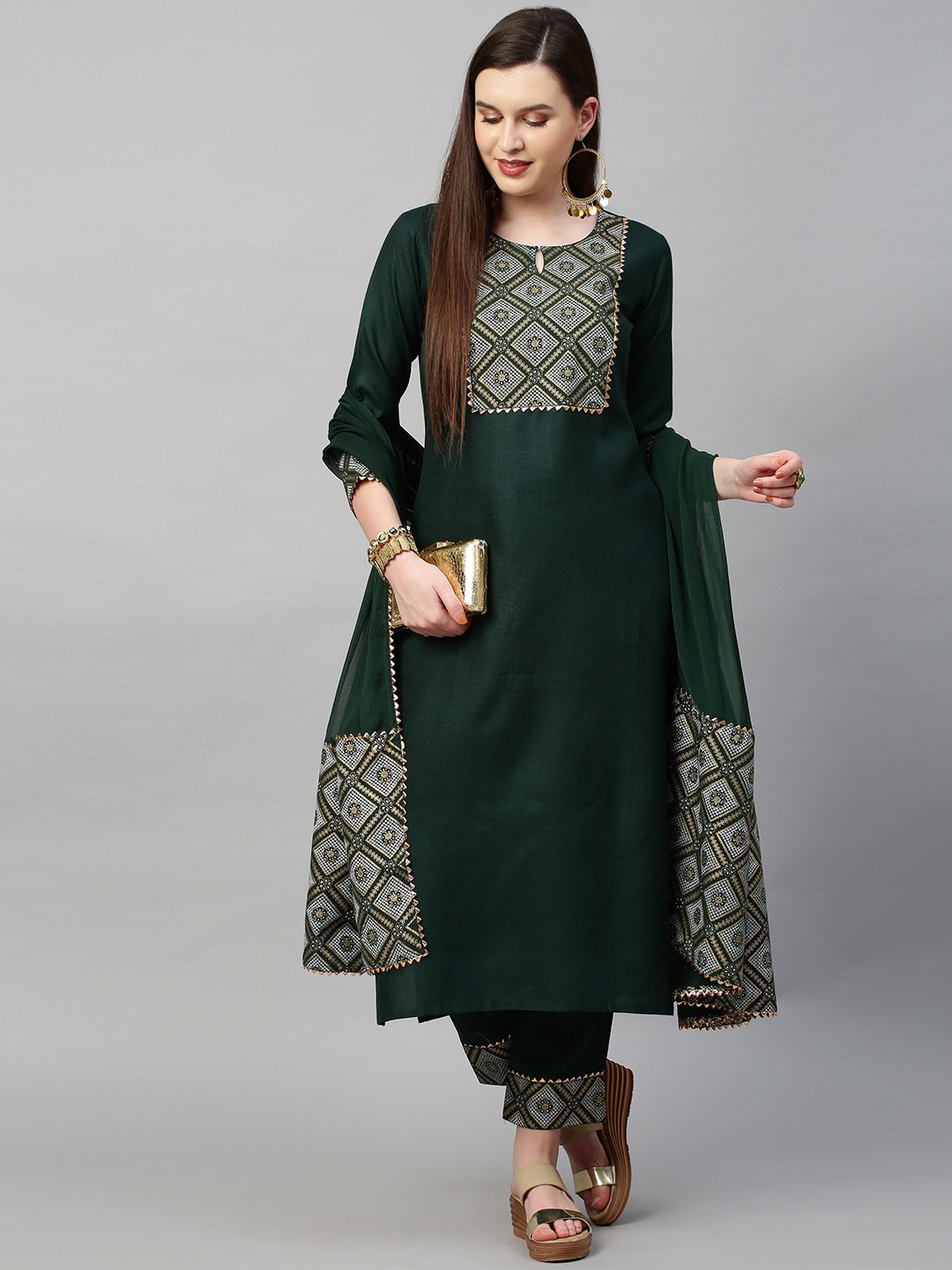 KALINI Women Green Yoke Design Kurta with Trousers With Dupatta