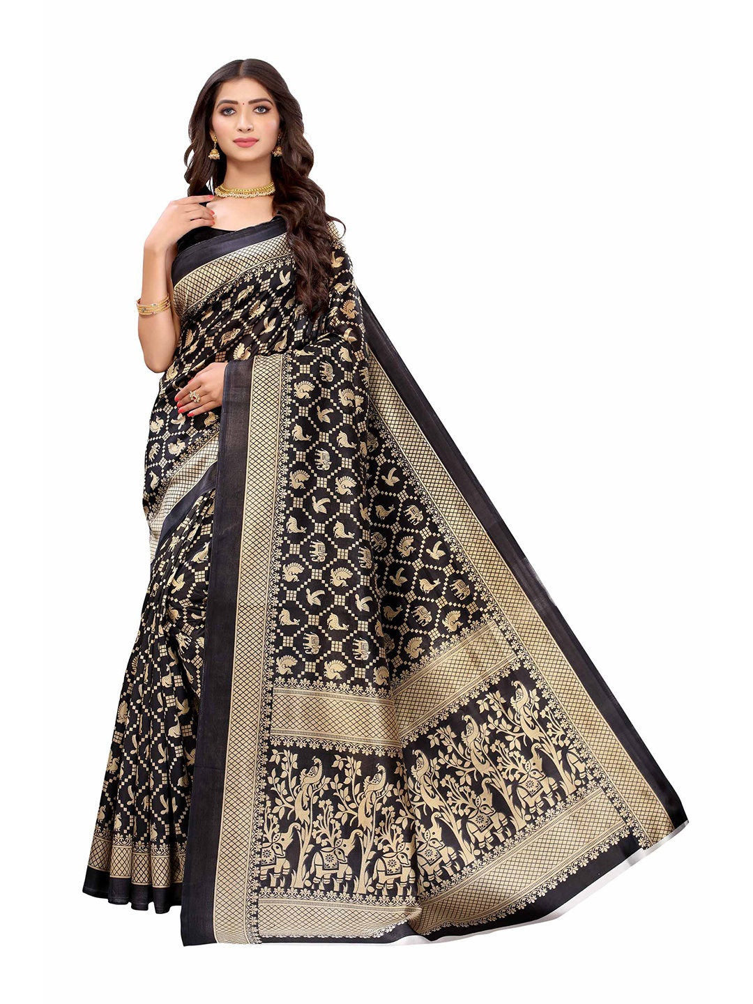 AADVIKA Black & Gold-Toned Floral Mysore Silk Saree