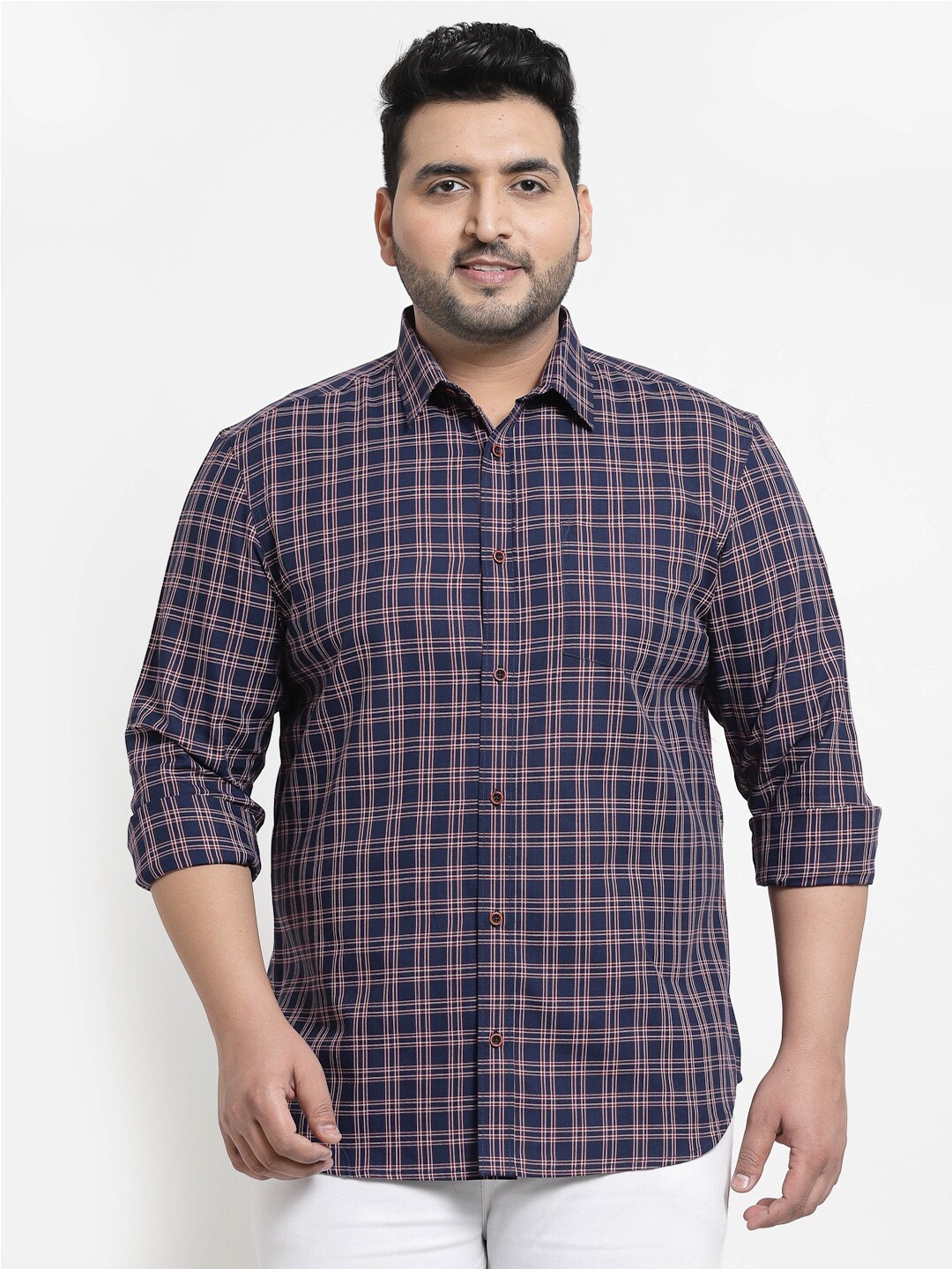 plusS Men Plus Size Navy Blue & Pink Checked Cotton Casual Shirt