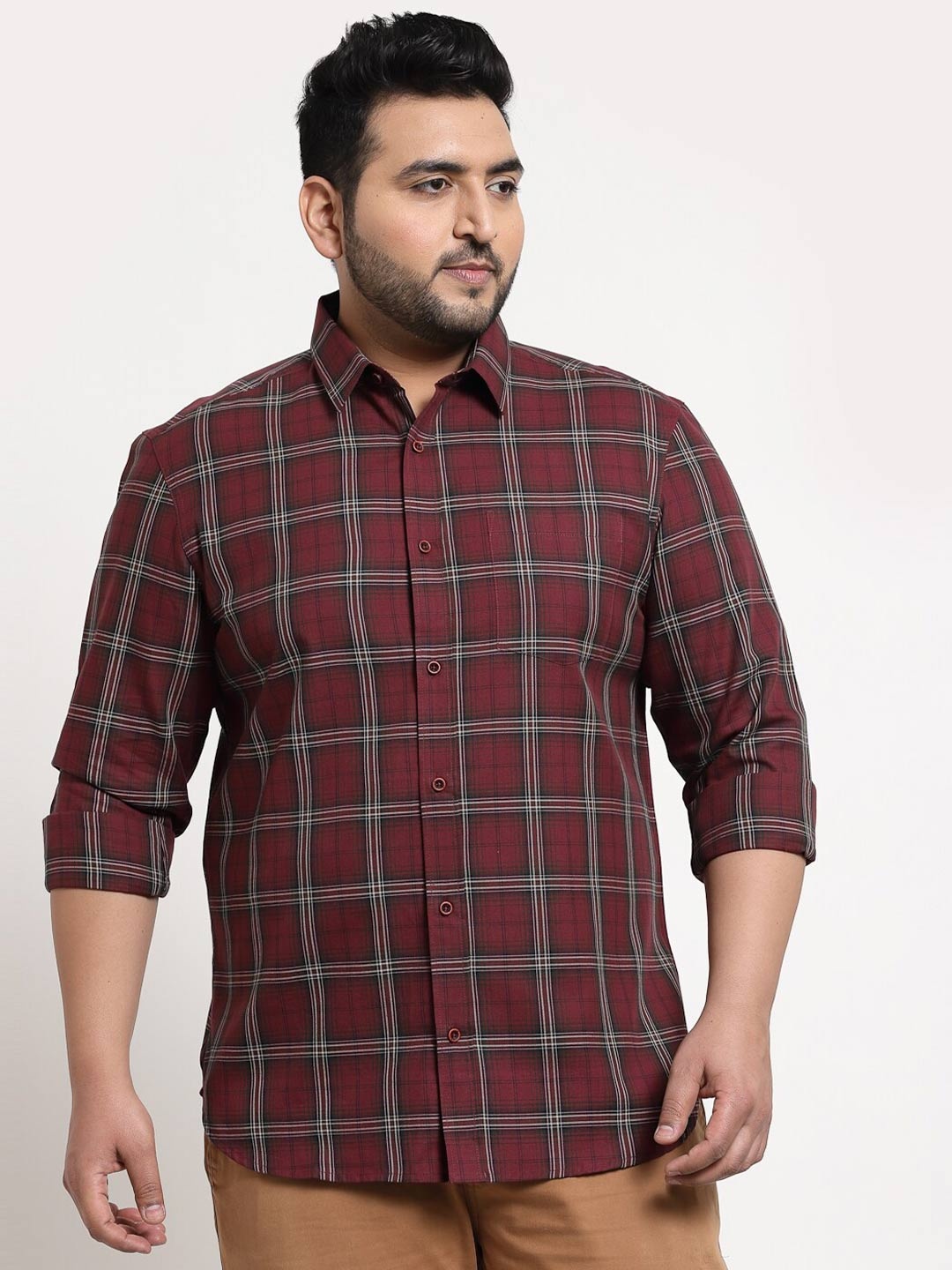 plusS Men Plus Size Maroon Tartan Checks Checked Casual Shirt