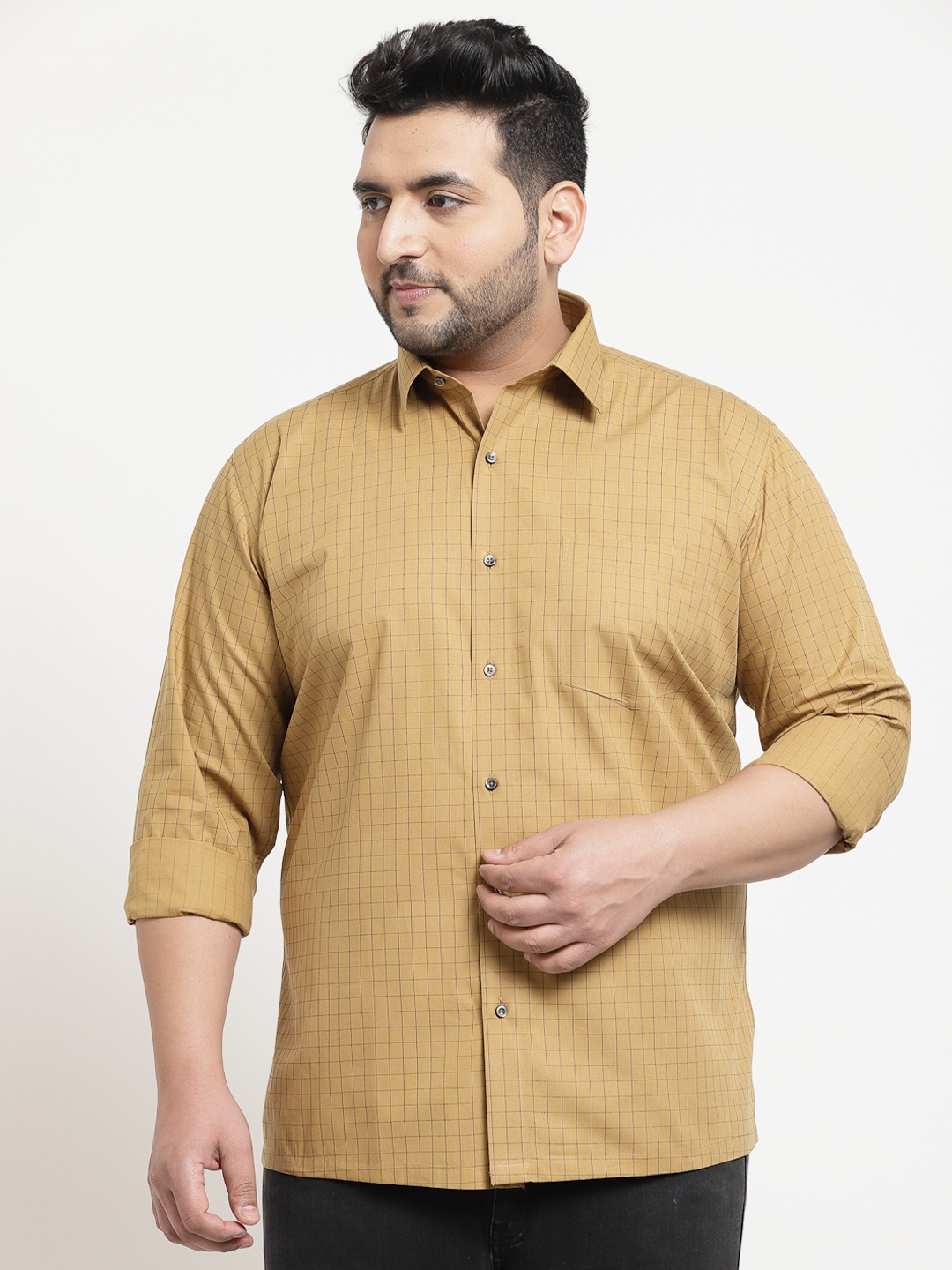 plusS Plus Size Men Khaki Grid Tattersall Checks Checked Cotton Casual Shirt