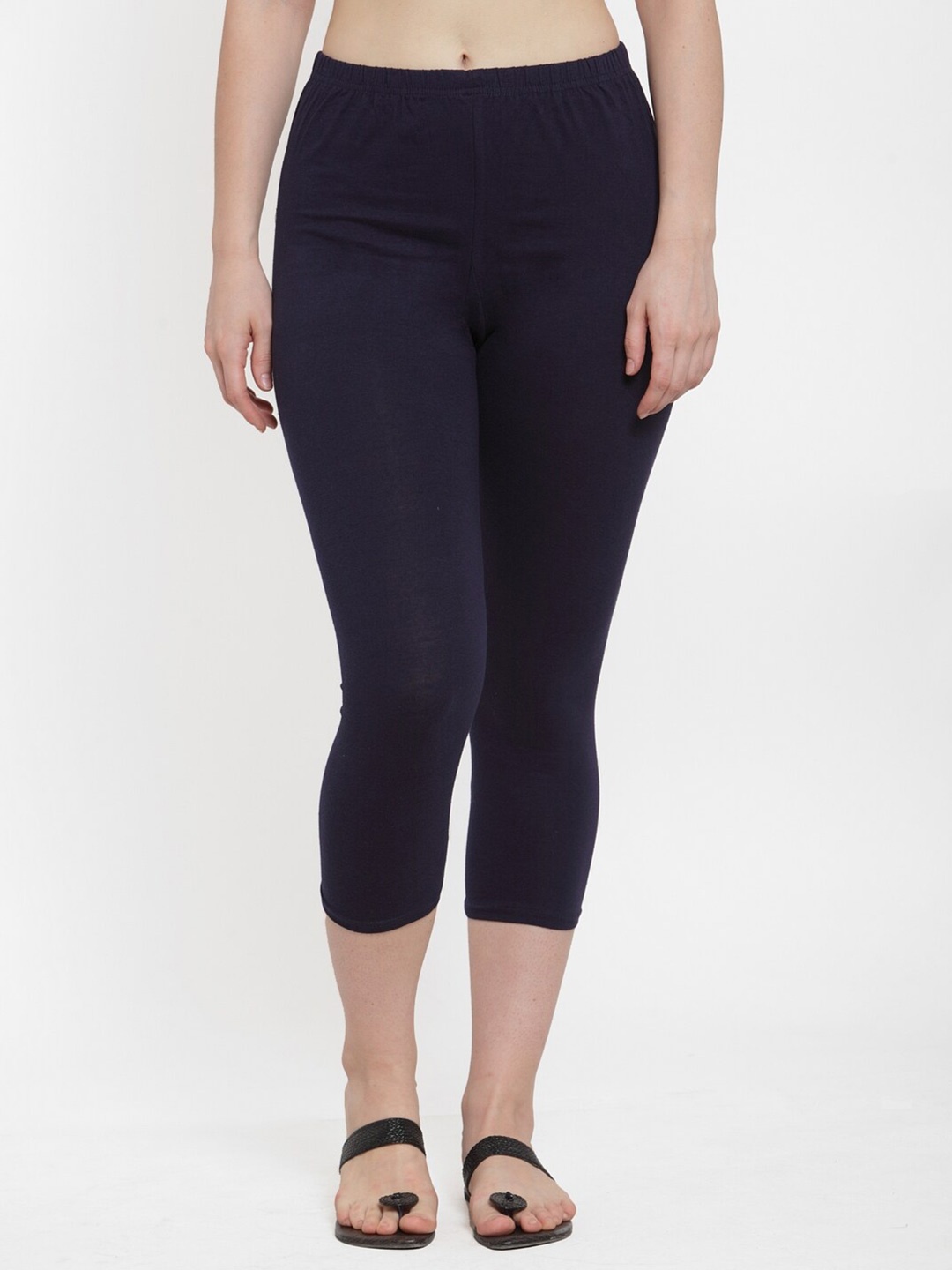 Jinfo Women Navy Blue Cotton Lycra Capris