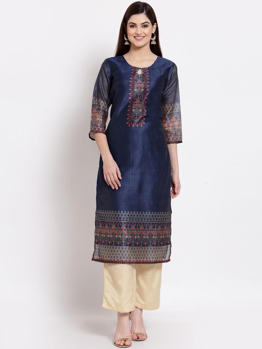 Altiven Women Navy Blue & Red Ethnic Motifs Printed Keyhole Neck Chanderi Silk Kurta
Altiven Women Navy Blue & Red Ethnic Motifs Printed Keyhole Neck Chanderi Silk Kurta