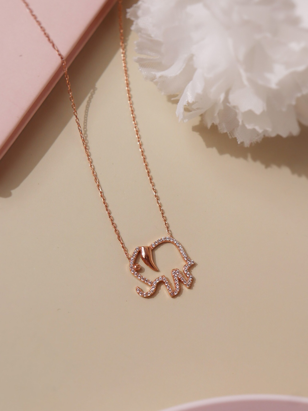 CURIO COTTAGE Rose Gold Toned Pure Silver Elephant Cubic Zirconia Stone Embellished Chain
CURIO COTTAGE Rose Gold Toned Pure Silver Elephant Cubic Zirconia Stone Embellished Chain