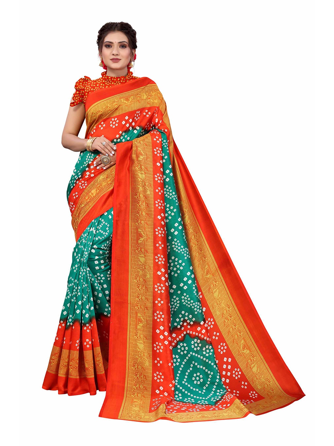AADVIKA Orange & Green Floral Mysore Silk Saree
