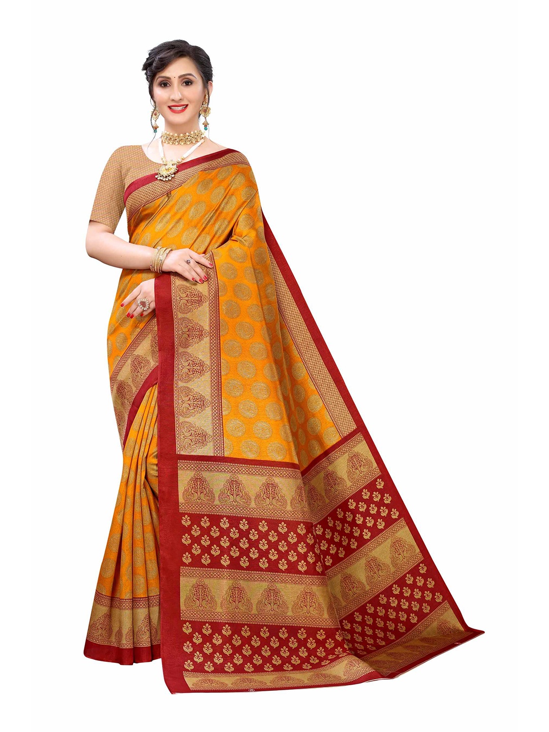 AADVIKA Yellow & Red Floral Mysore Silk Saree