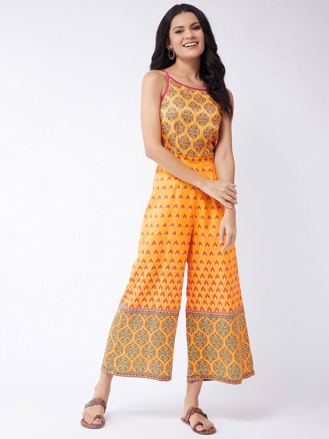 Pannkh Mustard & Pink Printed Poly Silk Basic Jumpsuit