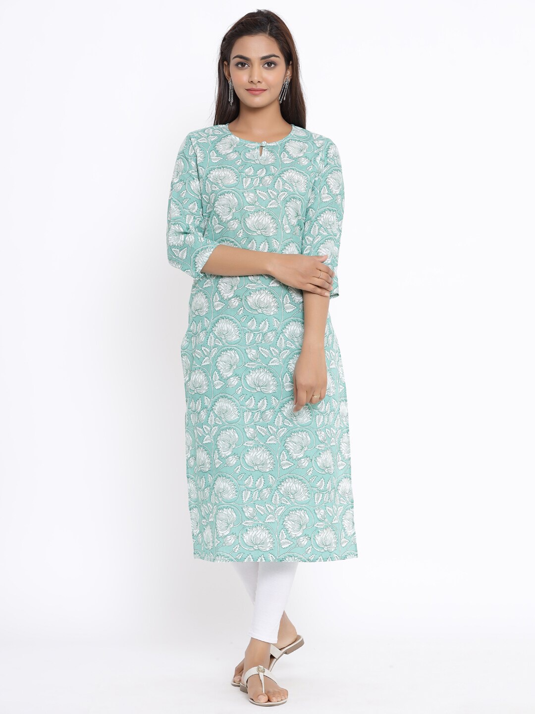 MIRAVAN Women Green Floral Printed Keyhole Neck Pure Cotton Kurta