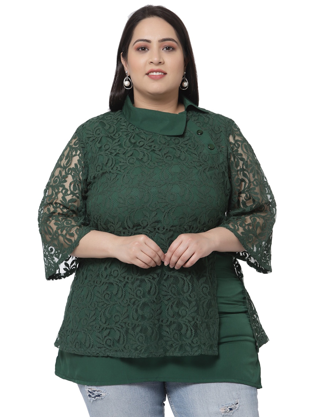 Flambeur Plus Size Women Green Layered Net Top