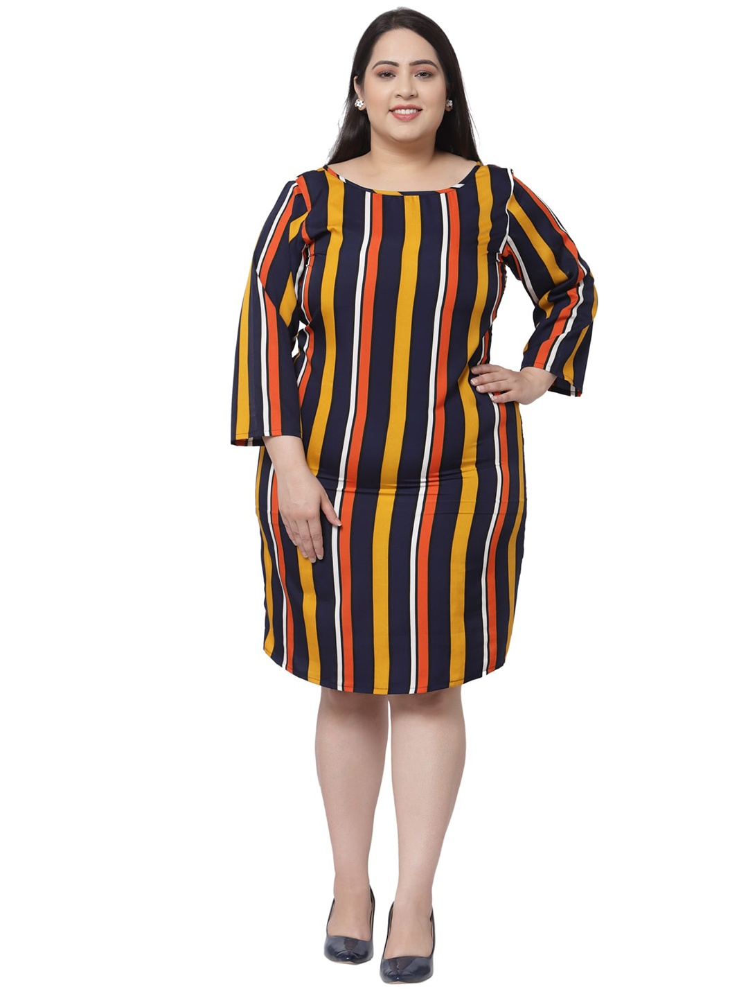 Flambeur Women Plus Size Yellow & Blue Striped Crepe A-Line Dress