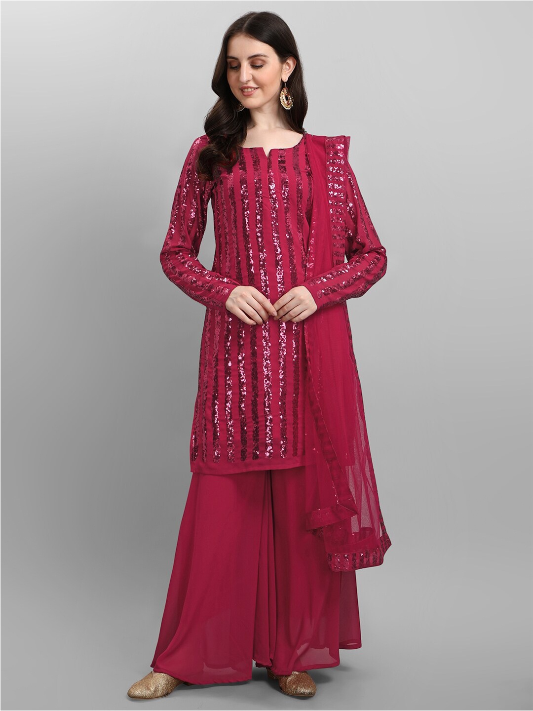 JATRIQQ Red Embroidered Silk Georgette Semi-Stitched Dress Material