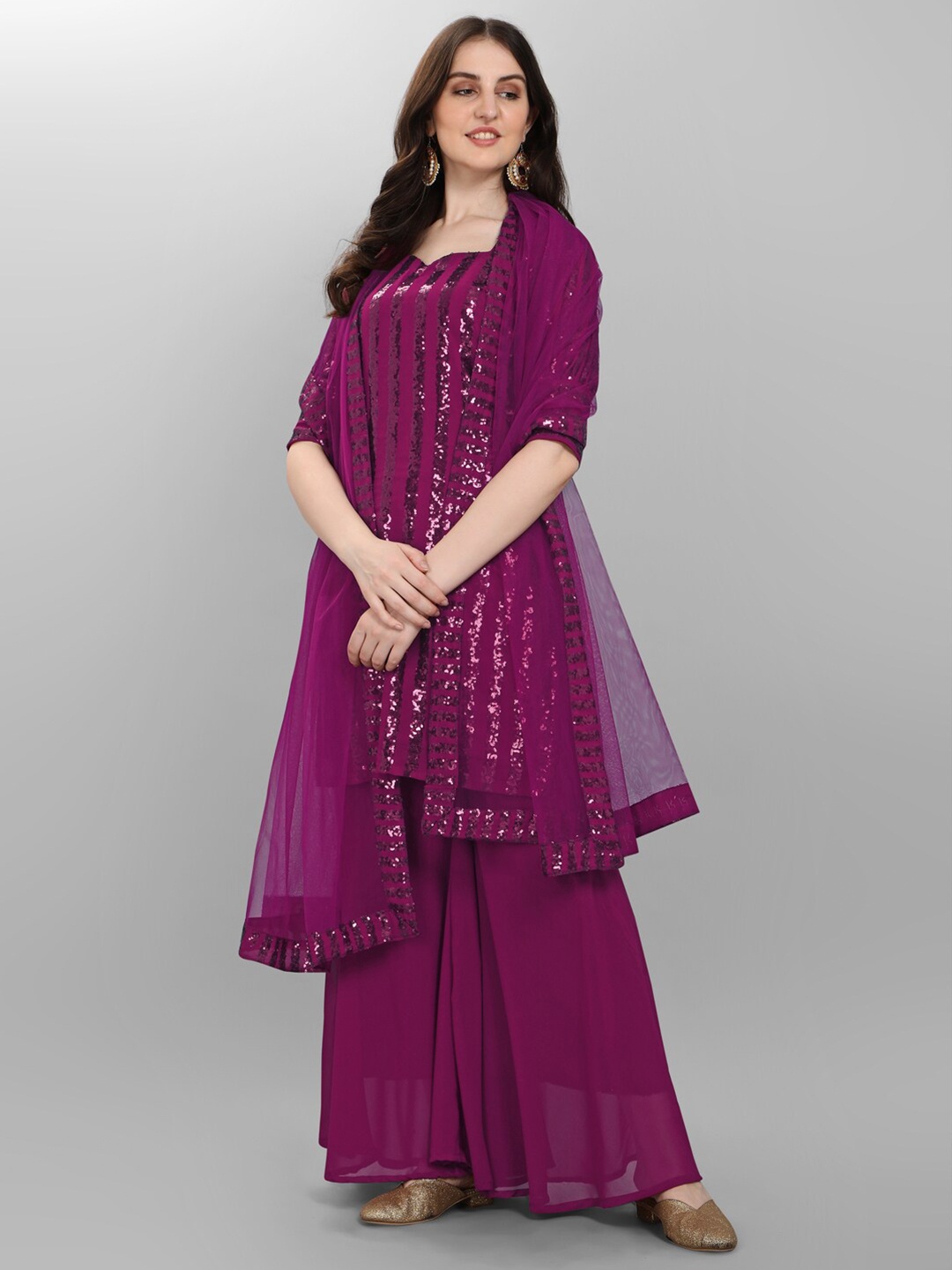 JATRIQQ Purple Embroidered Sequined Silk Georgette Semi-Stitched Dress Material