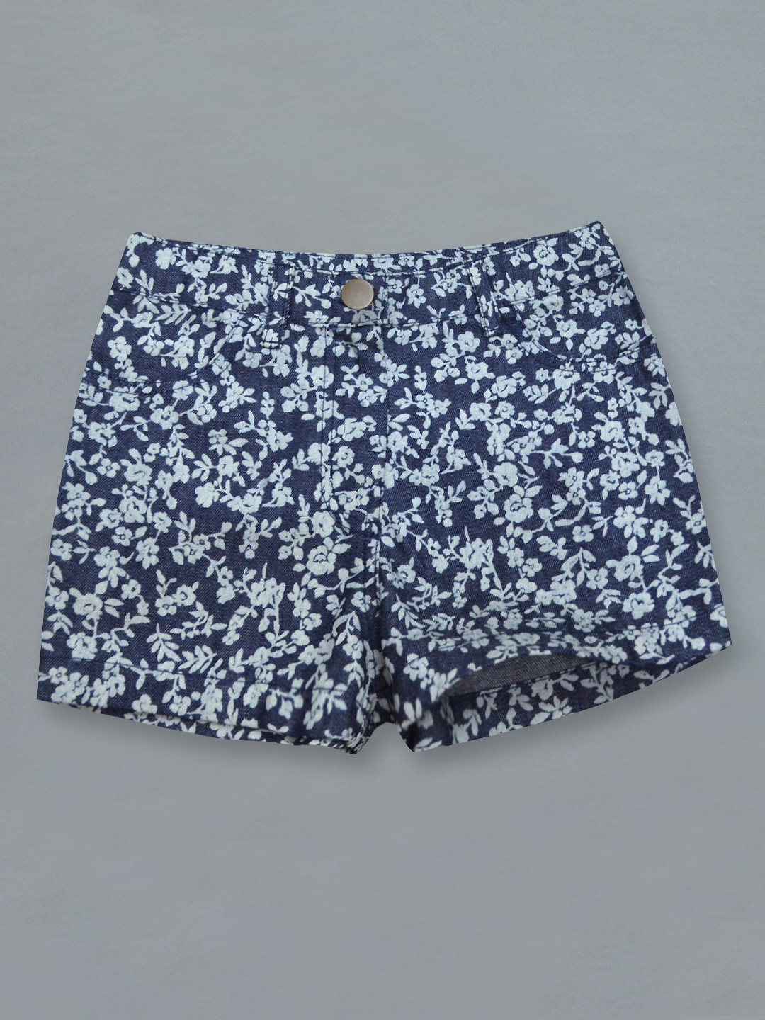 A T U N Girls Navy Blue Floral Printed Denim Hot Pants Shorts