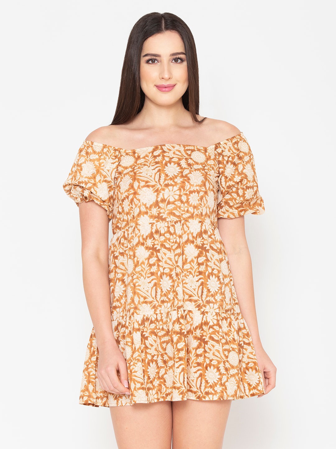Porsorte Women Brown Floral Off-Shoulder Layered Mini Dress