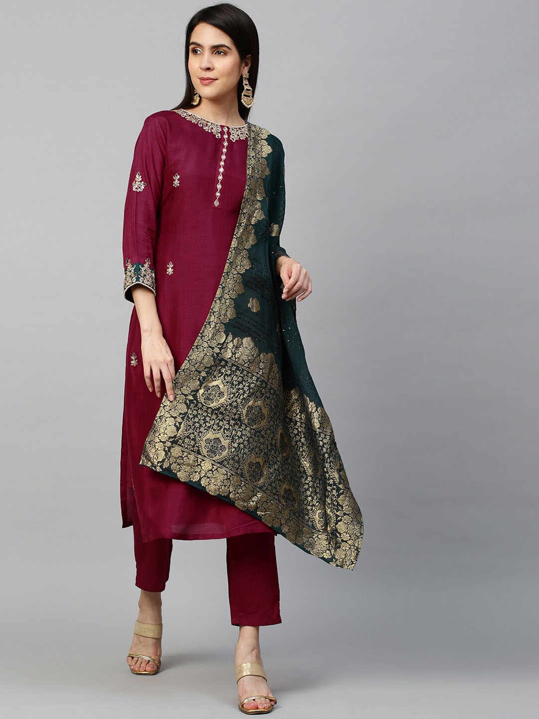 FASHOR Women Burgundy Ethnic Motifs Embroidered Kurta With Trouser & Dupatta