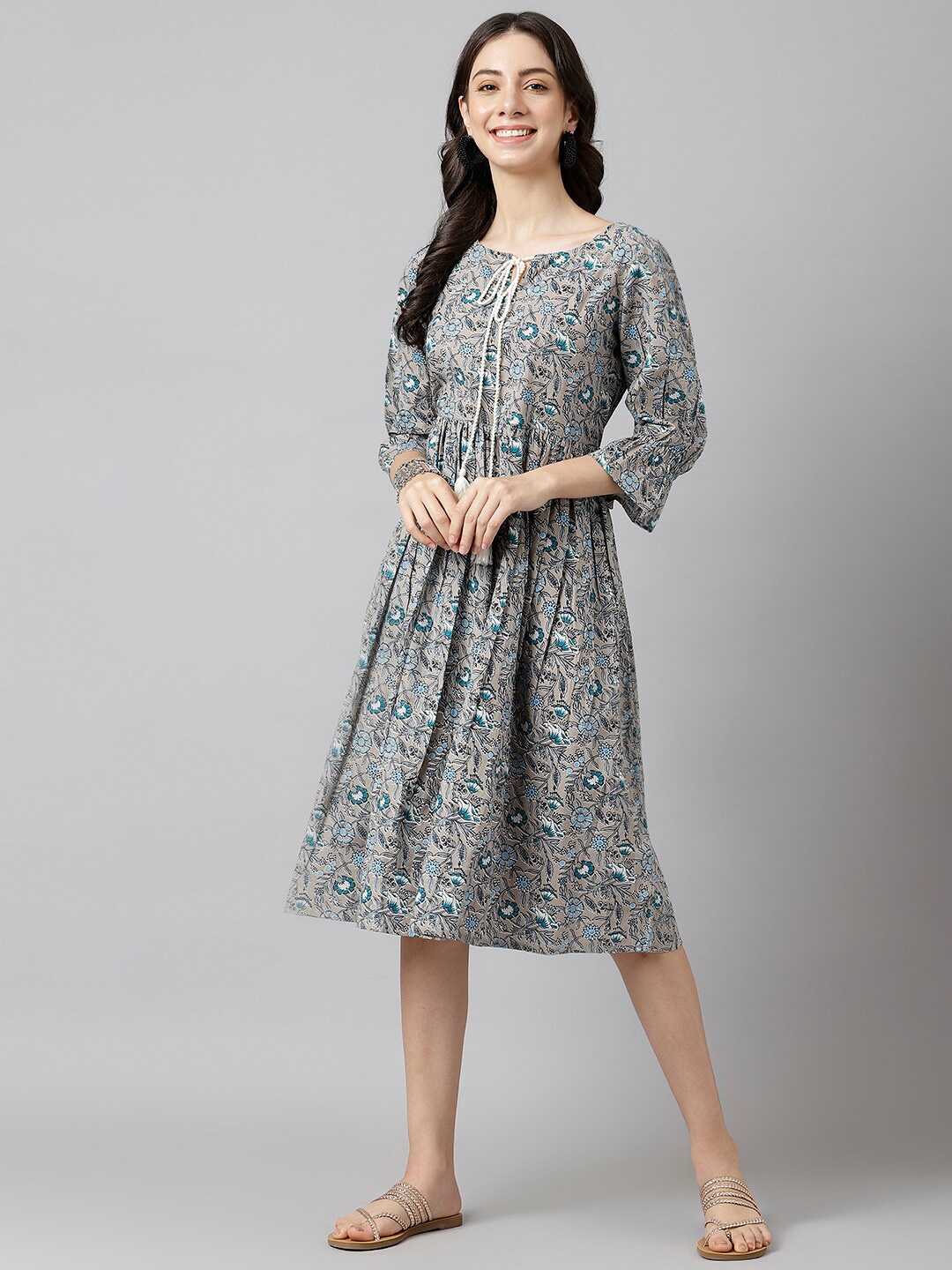 DECKEDUP Women Grey Floral Tie-Up Neck Cotton A-Line Dress