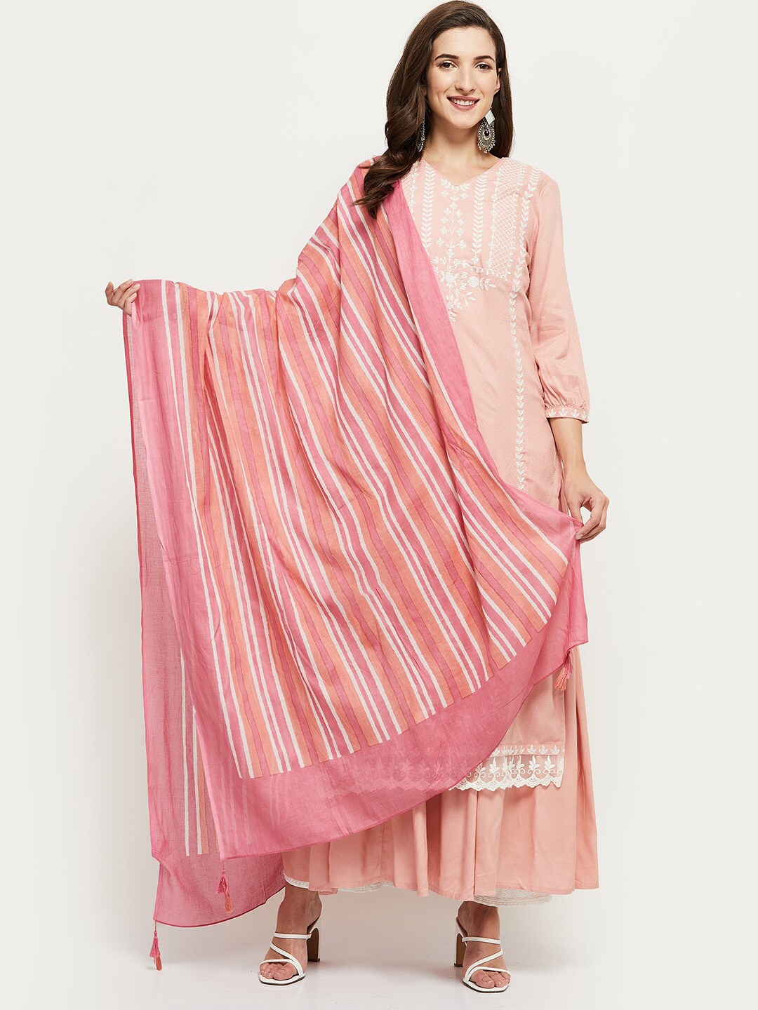 max Pink & White Striped Pure Cotton Dupatta