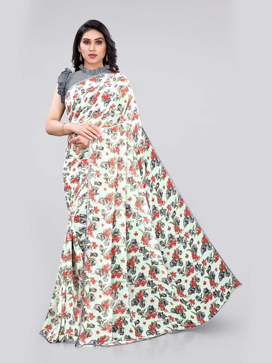MIRCHI FASHION Green & Red Floral Printed Saree