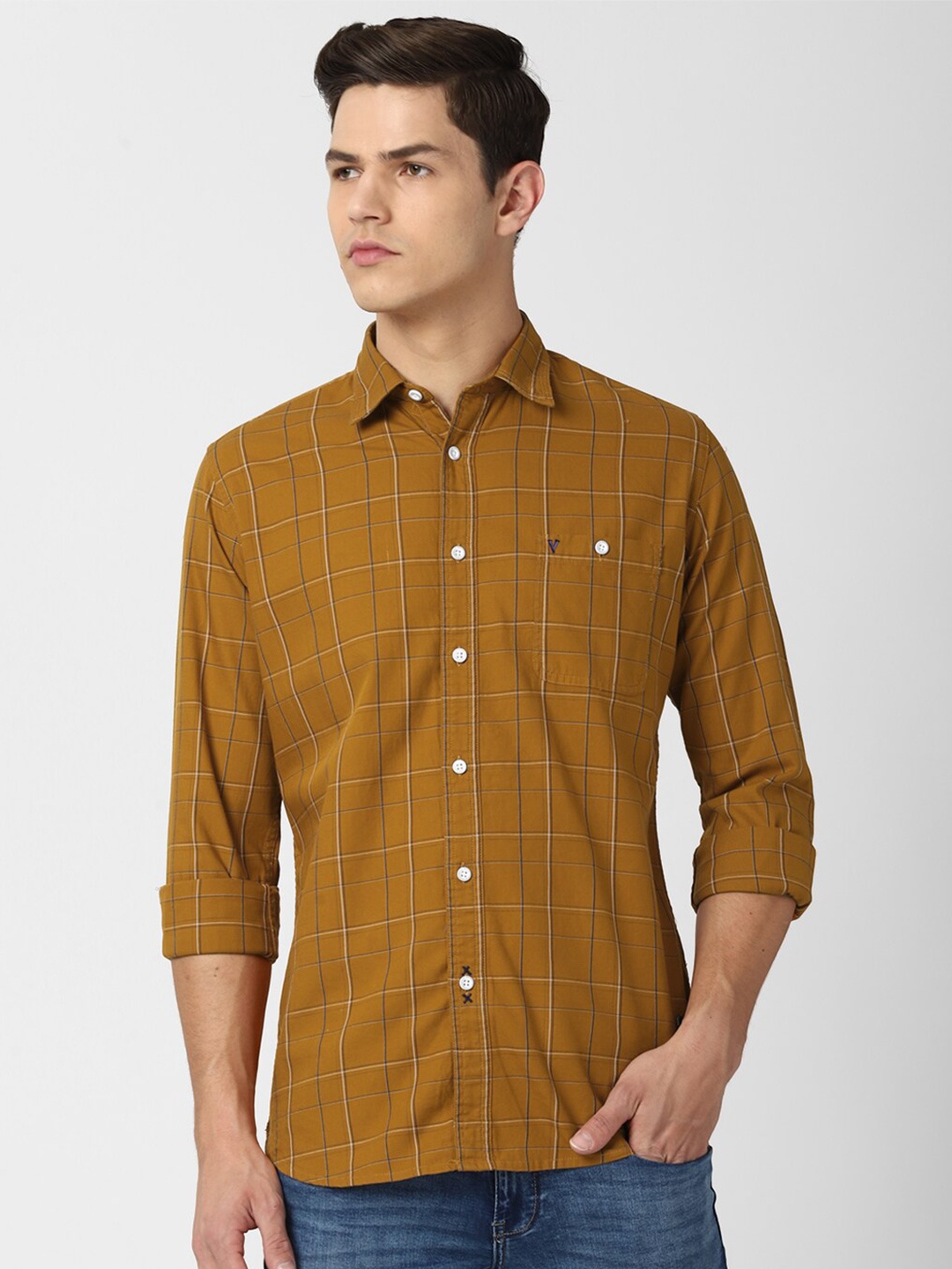 VAN HEUSEN DENIM LABS Men Mustard Yellow Slim Fit Checked Cotton Casual Shirt