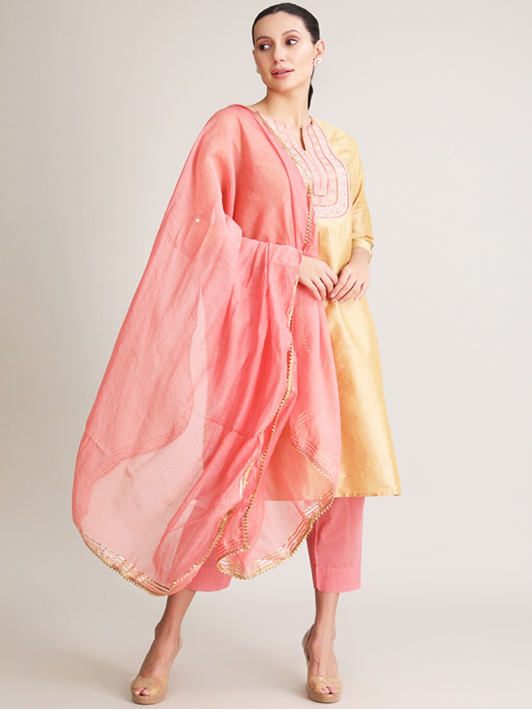 BARARA ETHNIC Women Yellow Embroidered Kurta with Palazzos & With Dupatta