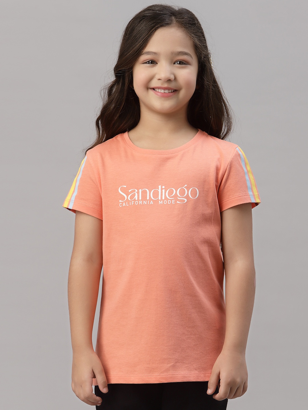 Mode by Red Tape Girls Peach & White Typography Printed Cotton T-shirt