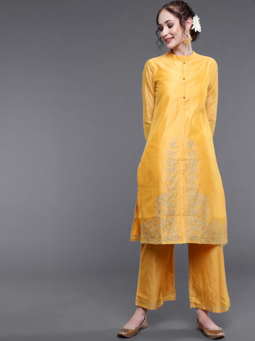 saubhagya Women Yellow Ethnic Motifs Embroidered Thread Work Chanderi Silk Kurta with Palazzos
saubhagya Women Yellow Ethnic Motifs Embroidered Thread Work Chanderi Silk Kurta with Palazzos