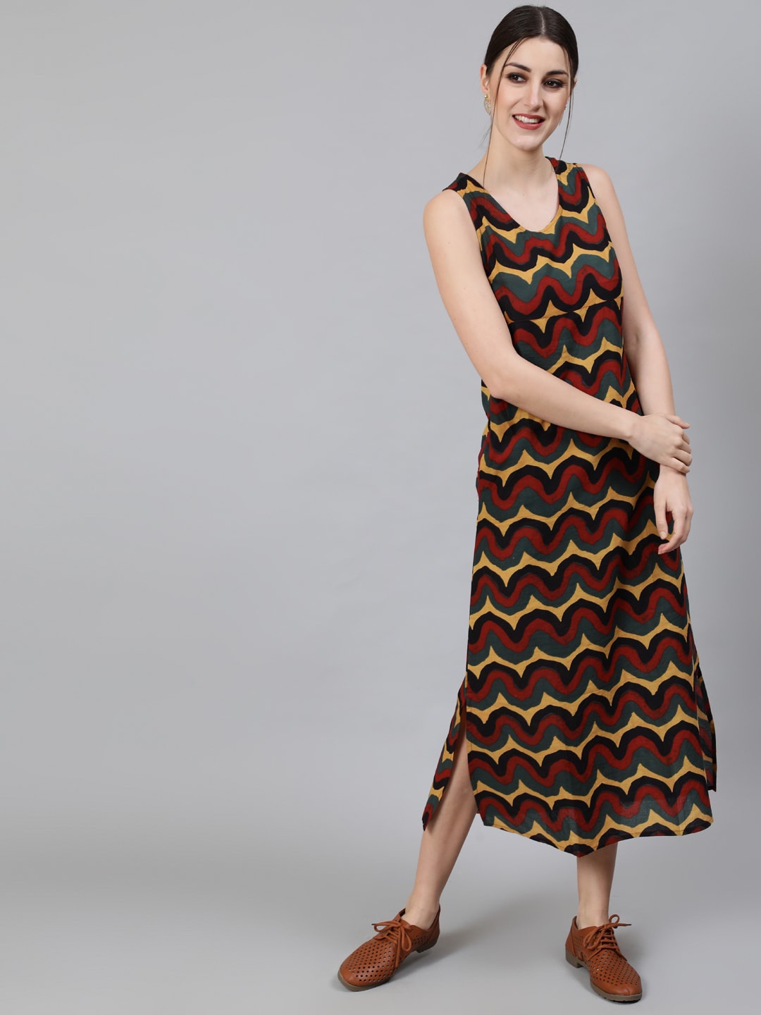 Awadhi Multicoloured A-Line Cotton Midi Dress, Multi