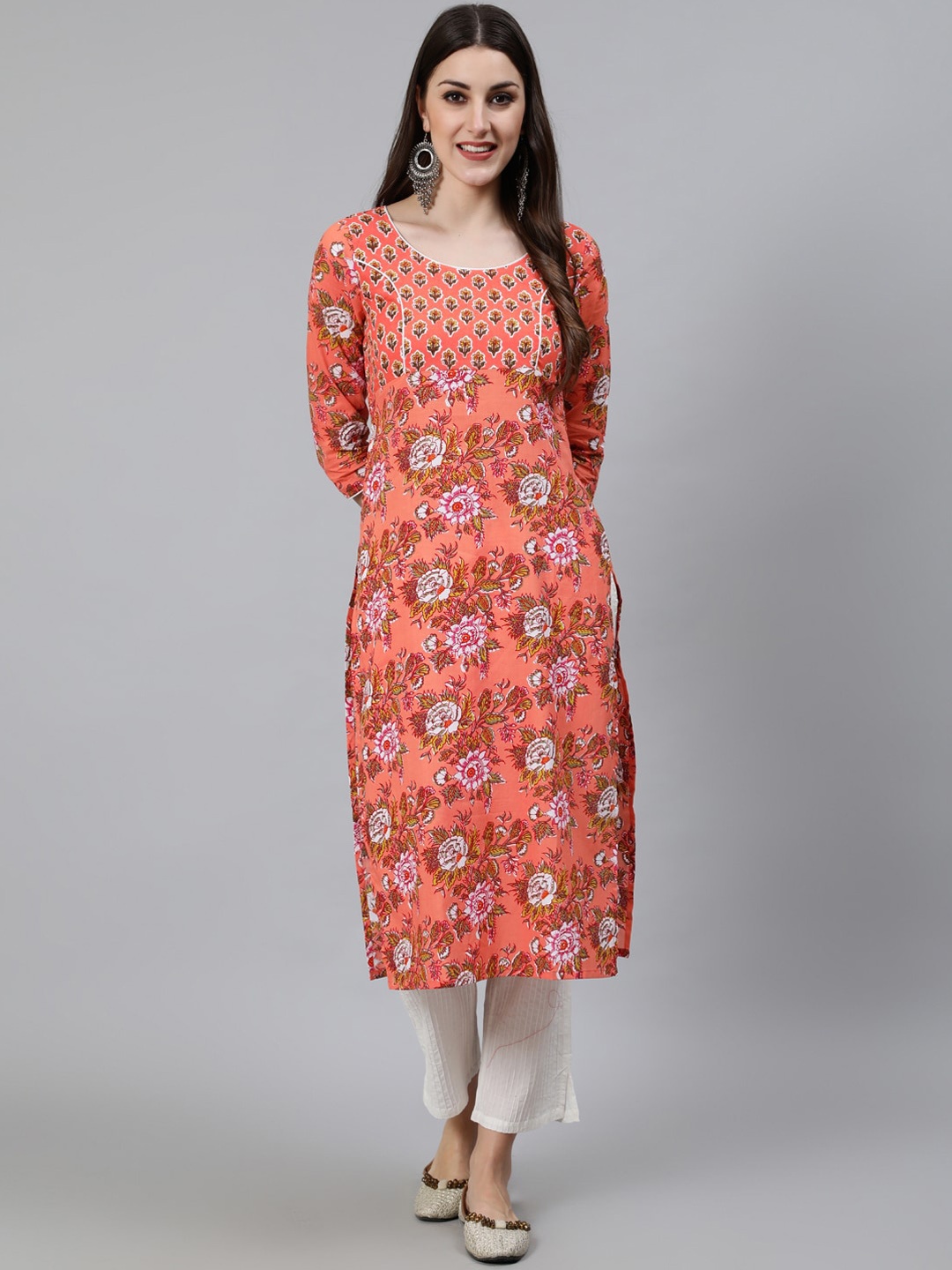 Awadhi Women Peach-Coloured & Pink Ethnic Motifs Printed Kurta