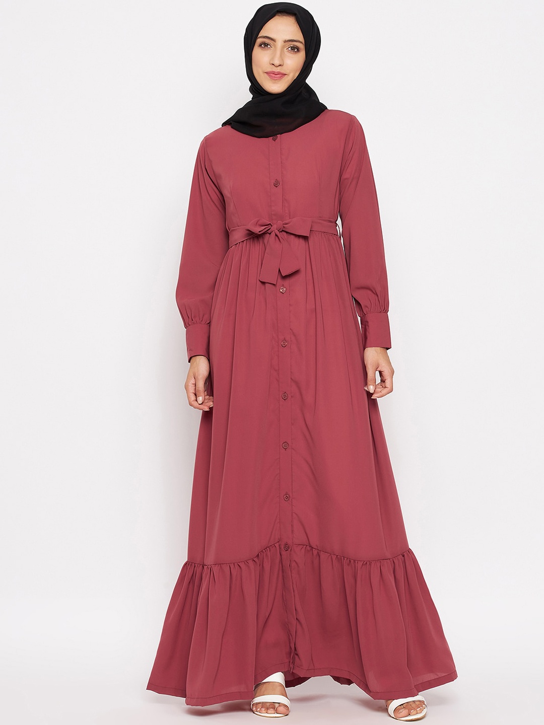 NABIA Women Pink Solid Abaya Burqa With Georgette Scarf