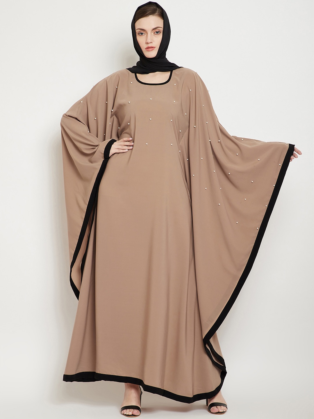 NABIA Women Beige Solid Abaya Burqa With Scarf