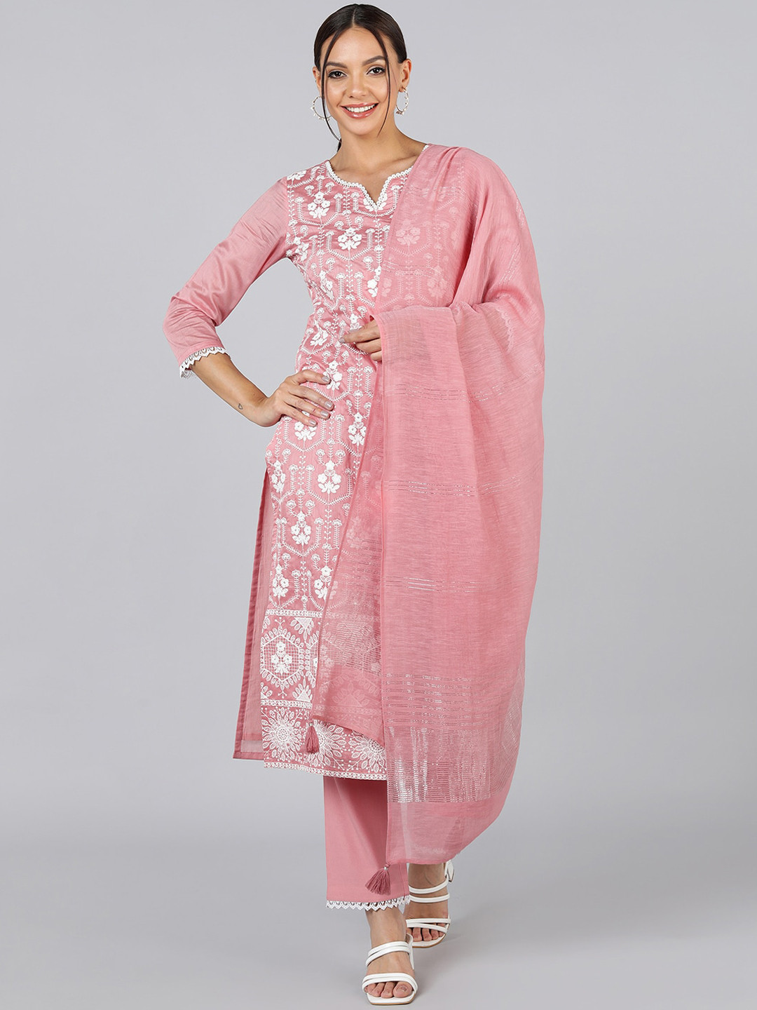 AHIKA Women Pink & White Floral Embroidered Kurta with Trousers & With Dupatta
AHIKA Women Pink & White Floral Embroidered Kurta with Trousers & With Dupatta