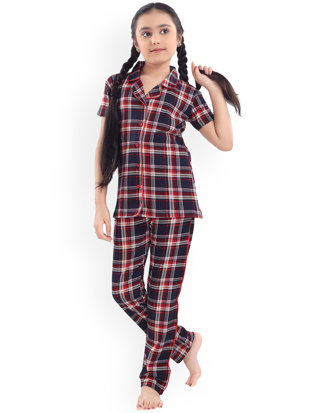 9shines Label Girls Black & Red Checked Cotton Night suit 
9shines Label Girls Black & Red Checked Cotton Night suit