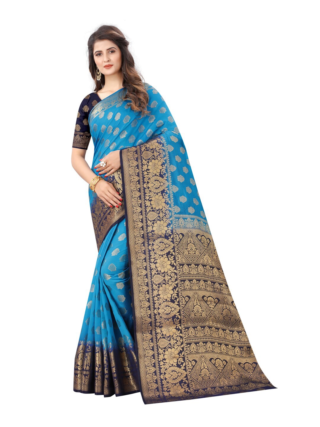 SATYAM WEAVES Blue & Gold-Toned Ethnic Motifs Silk Cotton Banarasi Saree