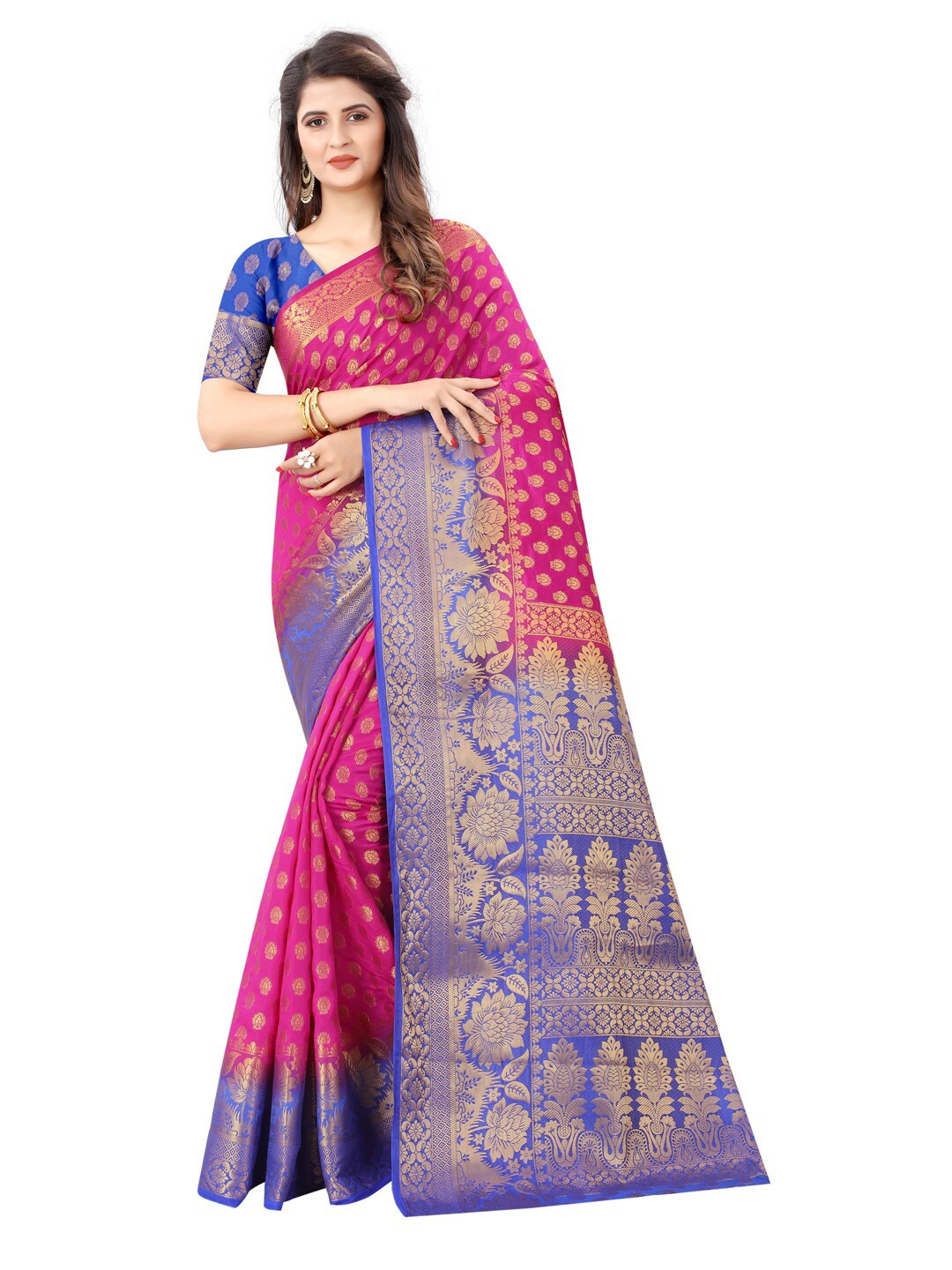 SATYAM WEAVES Pink & Violet Woven Design Silk Cotton Banarasi Saree