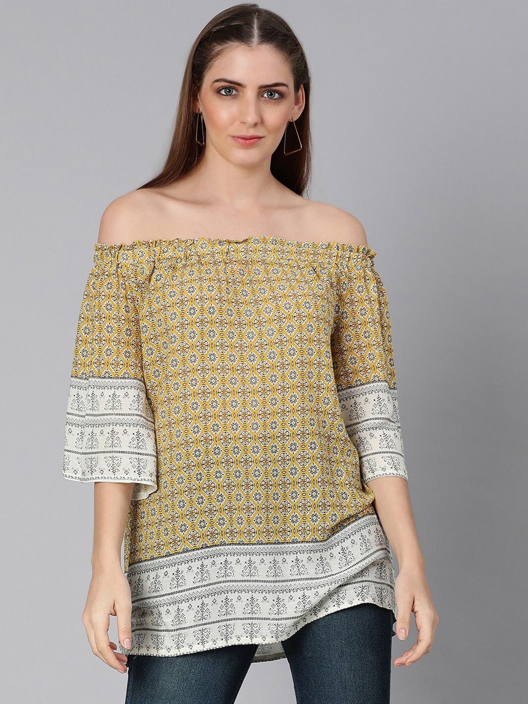 Oxolloxo Yellow Floral Print Off-Shoulder Crepe Bardot Top