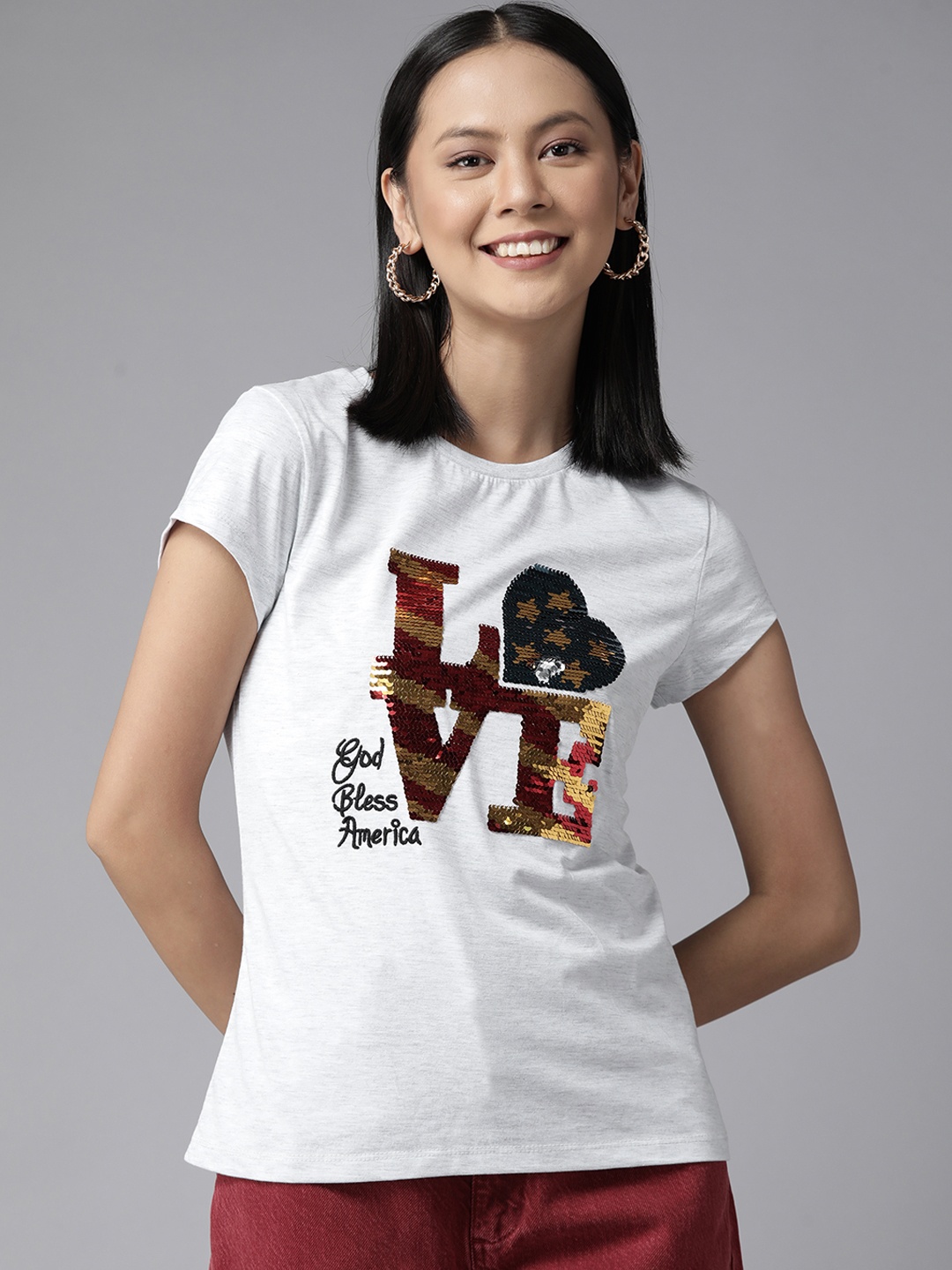 Cayman Women White & Red Typography Sequined T-shirt