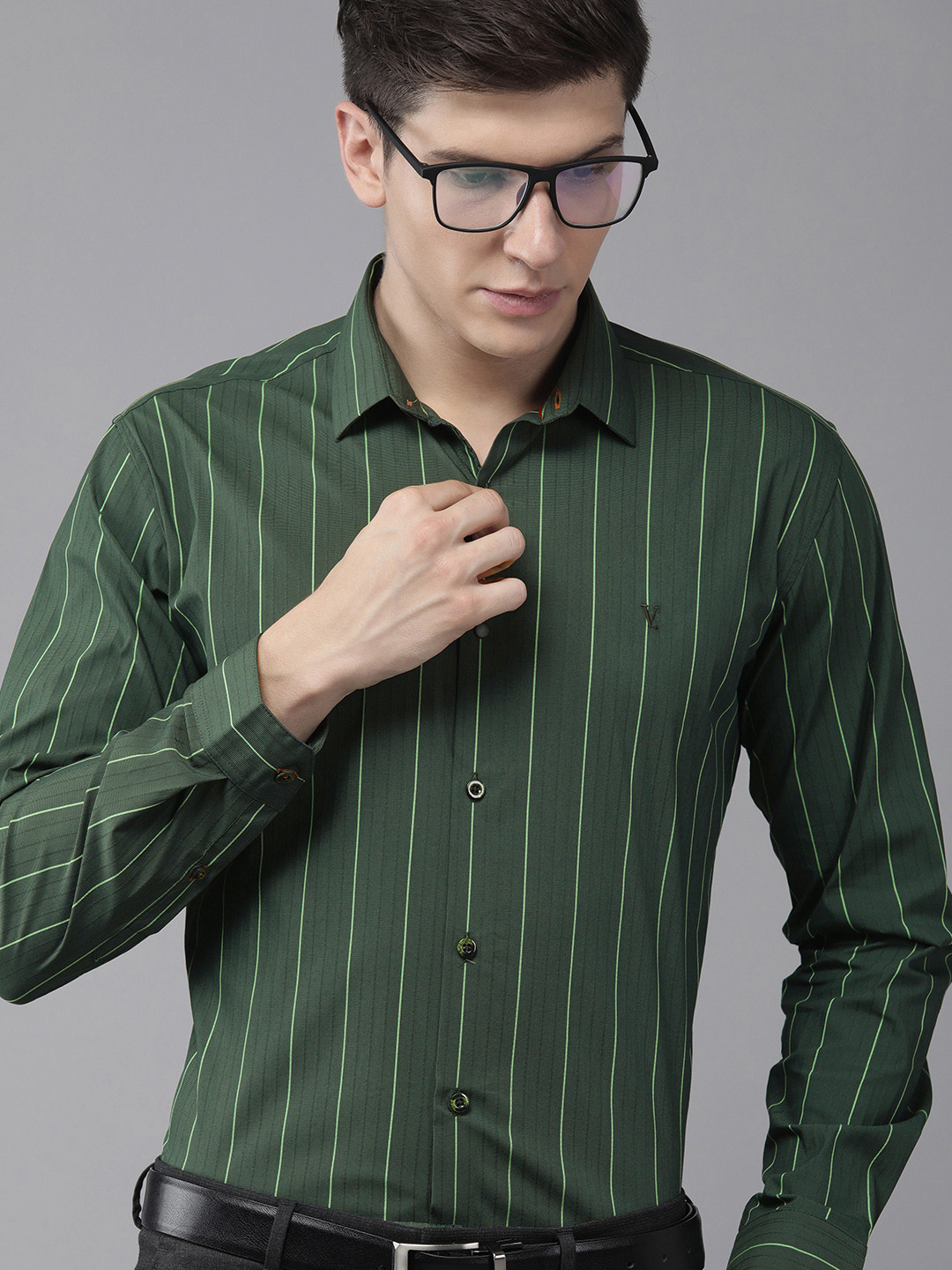 V Dot Men Olive Green Slim Fit Striped Formal Shirt 
V Dot Men Olive Green Slim Fit Striped Formal Shirt