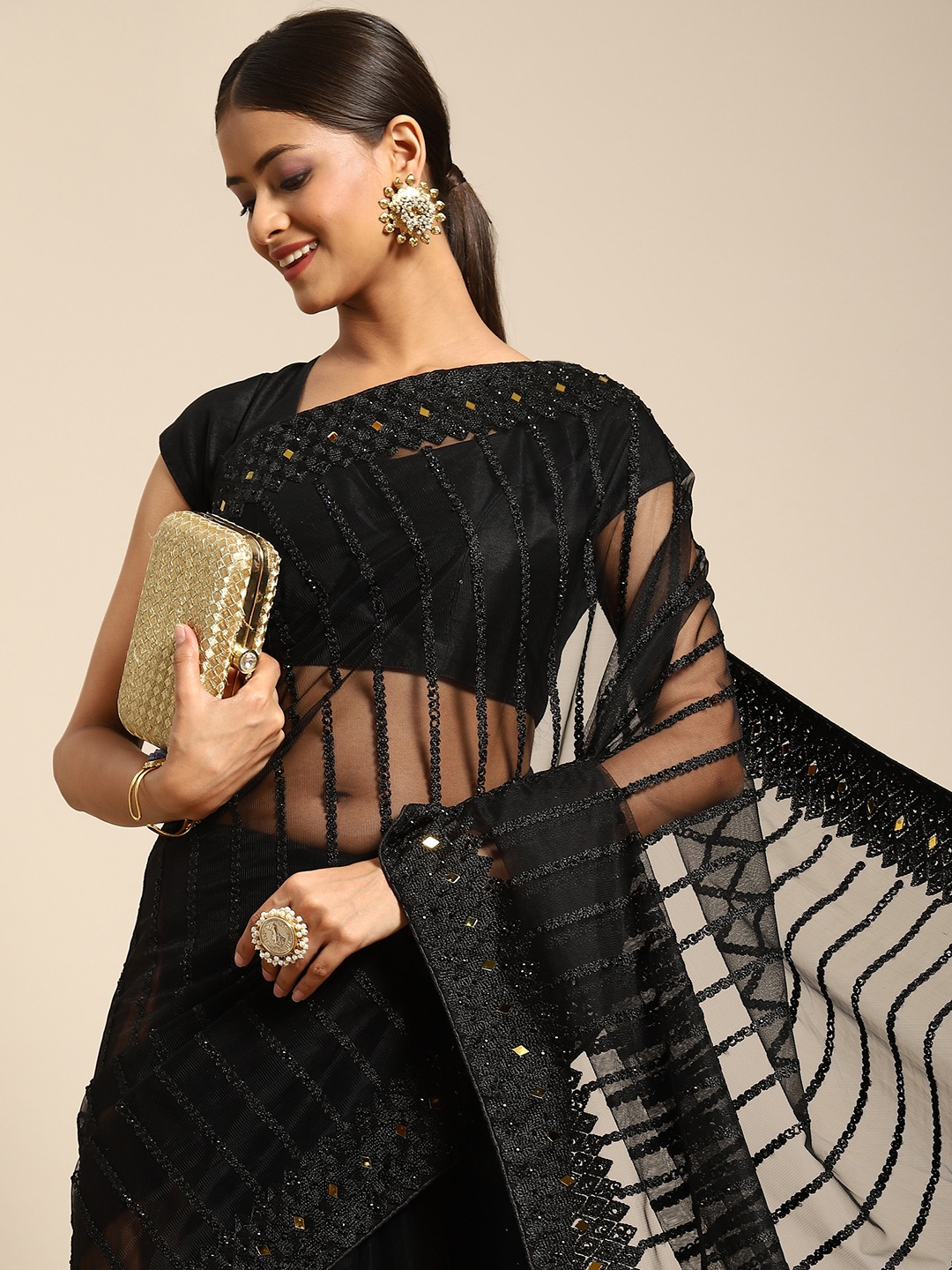 Anouk Black Striped Beads and Stones Net Saree