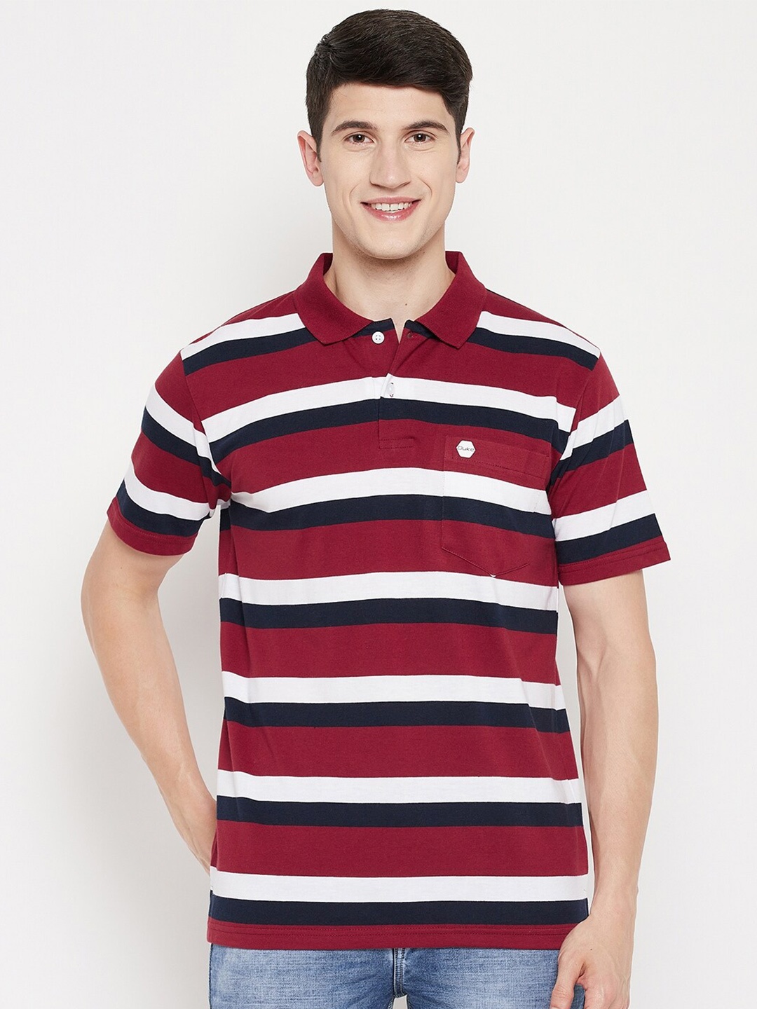 Duke Men Maroon Striped Polo Collar T-shirt