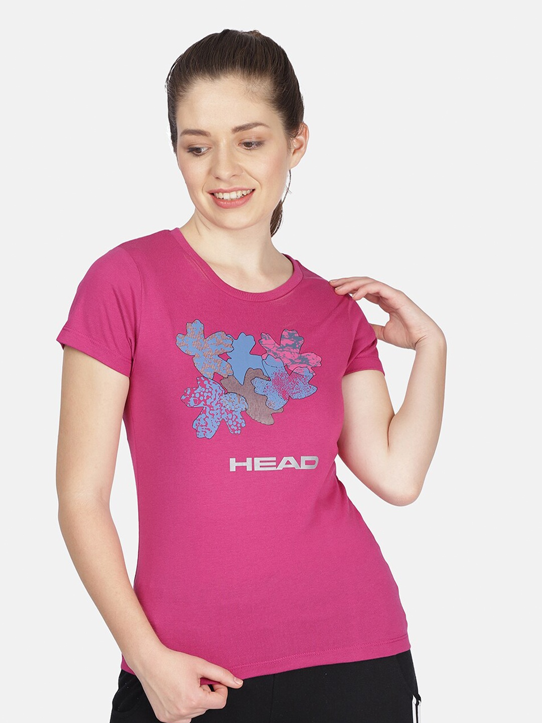 Head Women Magenta Printed Slim Fit Cotton Training or Gym T-shirt